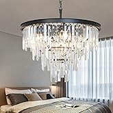 CHGUOSZ 24'' Modern Crystal Chandelier, Black Round Ceiling Light with Clear Prisms, Luxury Flush Mount Lighting Fixture for 