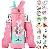 Mininoo Insulated Stainless Steel Kids Water Bottle for School with Straw Lid & Strap, 50 Stickers, 18 oz(Pink/Sky)