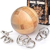 KINGOU Wooden Sphere Puzzle Brain Teaser Toy for Kids and Adults | Measures 2.36 inches, ideal ball stocking stuffer puzzle gift, includes 3 random metal puzzles and guide