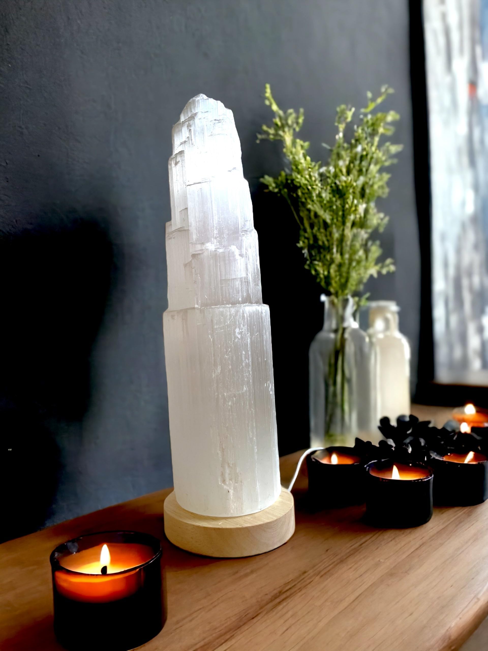Selenite Crystal White Light LED USB Lamp Handmade Natural Energy Healing Clarity and Meditation Mountain Tower Lamp Home Decoration Occasion Gift Table Lamp Mineral Wooden Base (30cm)
