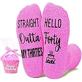 HAPPYPOP Unique Birthday Gifts for Her - Fuzzy Pink 40 50 60 Year Old Socks for Woman