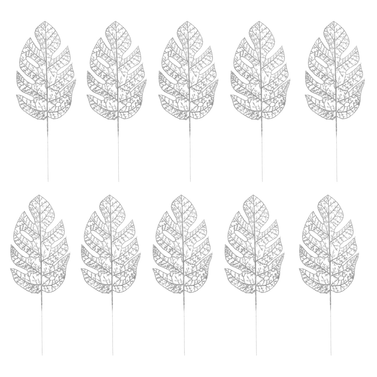 Happyyami 10pcs Silver Christmas Glitter Leaves Artificial Palm Leaf Stems Monstera Leaf Fake Plants for Wedding Decorations Floral Arrangements Home Decor