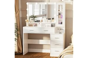 Likein Makeup Vanity with Charging Station, Makeup Vanity Desk with Mirror and Lights, Dressing Table with Nightstand Drawers & Cabinet for Women Girls Bedroom