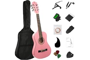 BESYOU 30in Beginner Acoustic Guitar Basic Starter Kit Tuner Bag Capo Strings Winders Strap Picks Student/Kids Guitar Pickguard with Gig Bag Pink