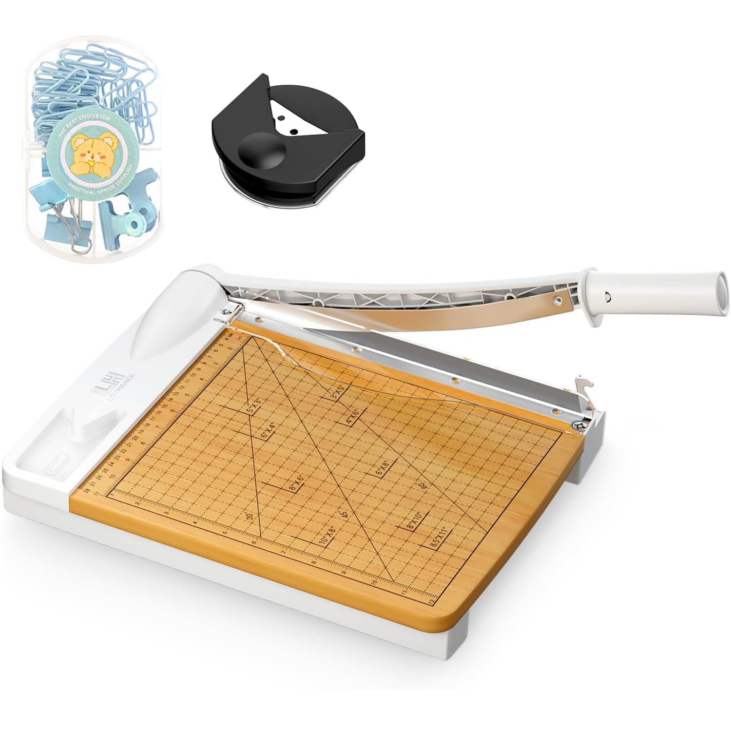 Photo 1 of 12 inch Wood Guillotine Paper Cutter, Heavy Duty Wood Paper Trimmer with 16 Sheets Paper Cutting Board for Classroom, Crafting, Cardstock, Art Projects (White)