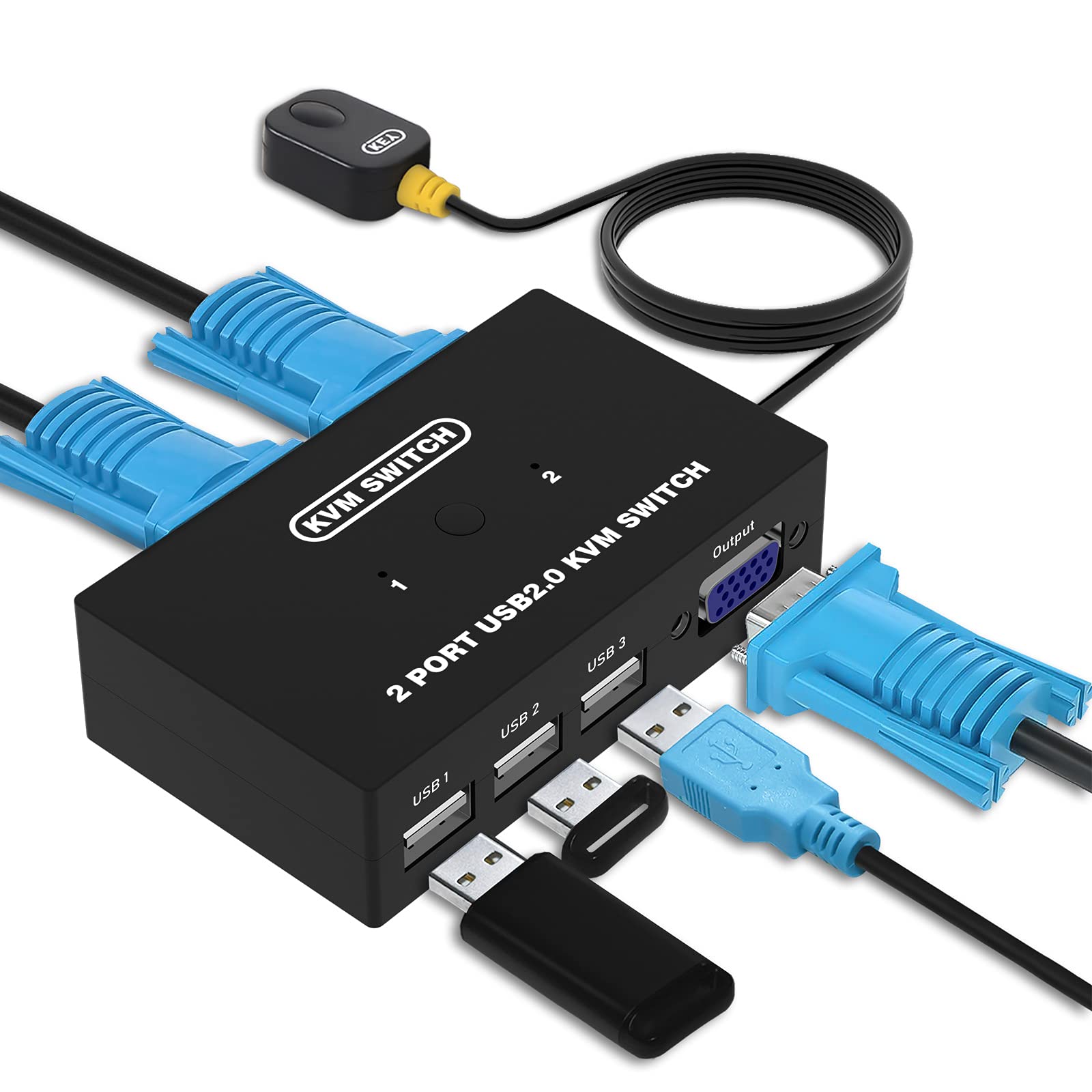 DGODRT VGA KVM Switch 2 Port, Switch Box Adapter 2 Computer Share 1 VGA monitor and 3 USB Devices, Mouse Keyboard Scanner Printer, 2 KVM Cables included