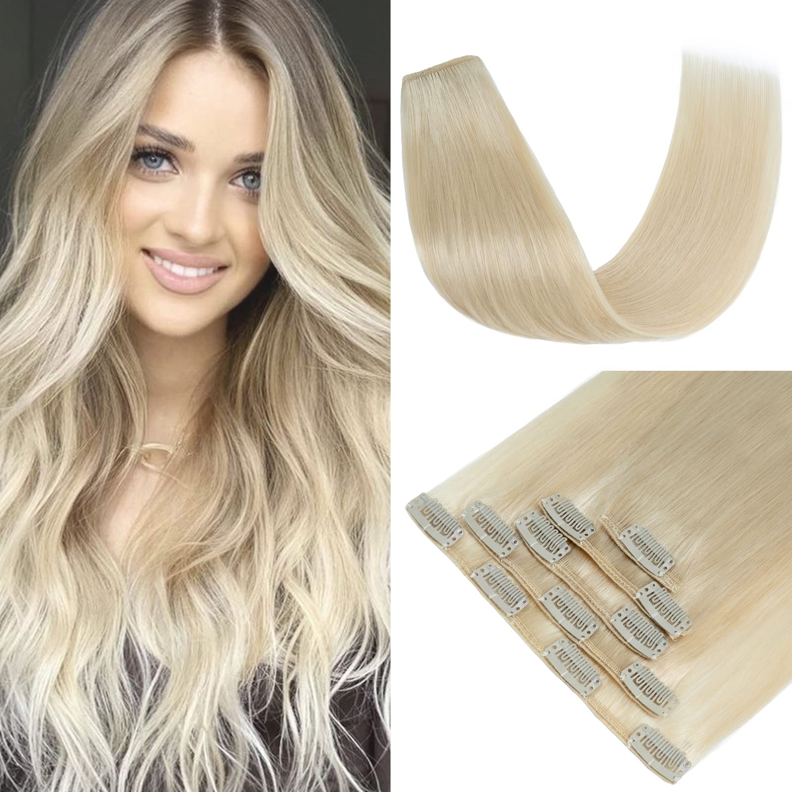 S-noilite Clip in Hair Extensions Real Human Hair,5Pcs Remy Natural Hair Extension Double Weft Seamless Clip in Hair Extensions Full Head for Women- #60 Platinum Blonde-18 Inch(70g) โ image 1