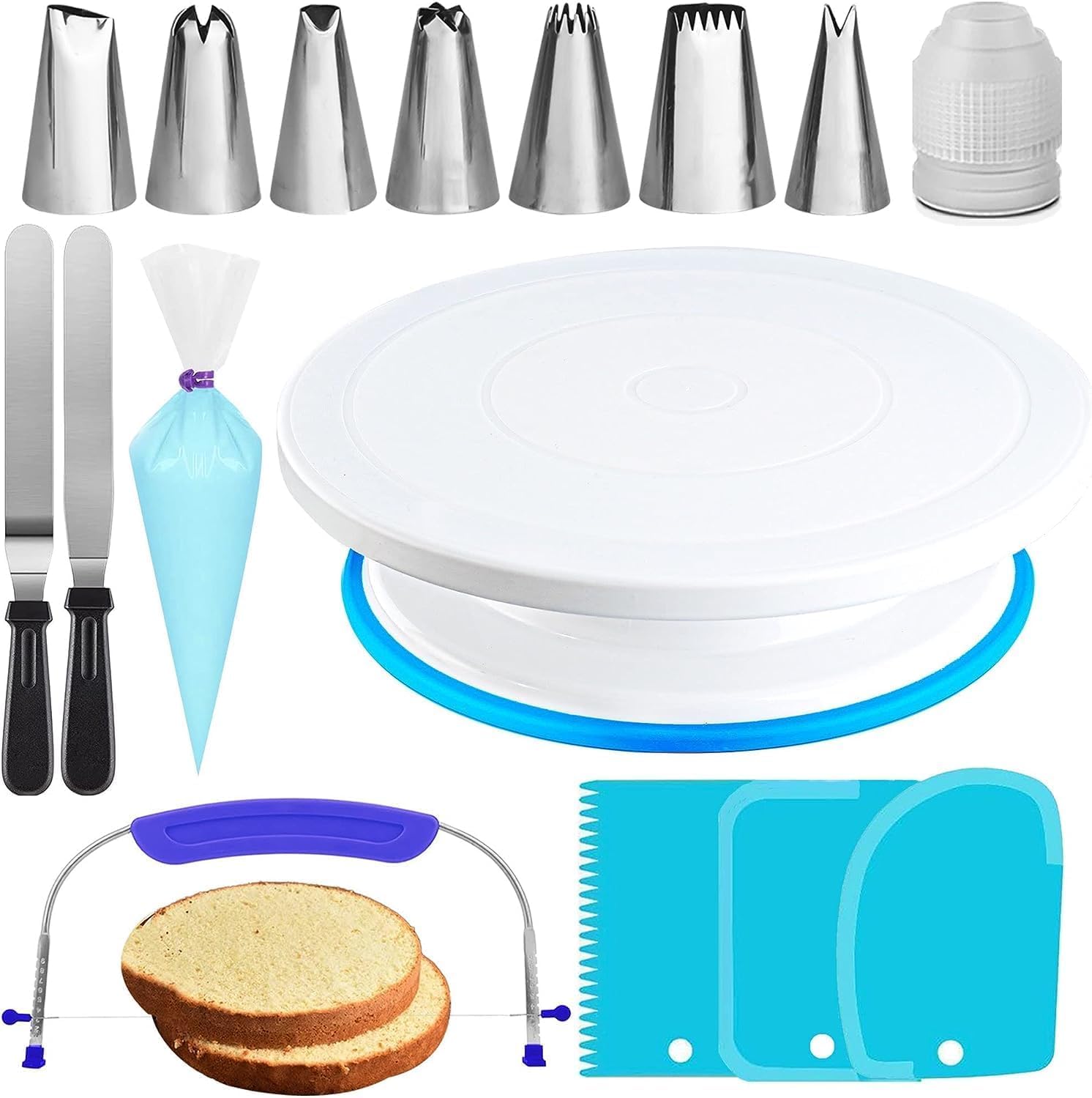 Cake Turntable and Leveler-Rotating Cake Stand with Non Slip Pad-7 Icing Tips and 20 Bags- Straight & Offset Spatula-3 Scraper Set -E Book-Cake Decorating Kit -Baking Tools