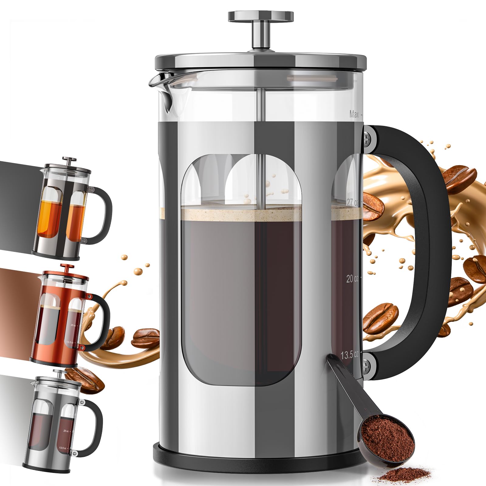 Veken French Press Coffee Maker 34oz 1 L, No Plastic Touching Cafe, Heat Resistant Thickened Borosilicate Glass, Stainless Steel Brewer, Cold Brew Cafetera Teapot for Kitchen Travel Camping, Silver Image Veken French Press Coffee Maker 34oz 1 L, No Plastic Touching Cafe, Heat Resistant Thickened Borosilicate Glass, Stainless Steel Brewer, Cold Brew Cafetera Teapot for Kitchen Travel Camping, Silver Image