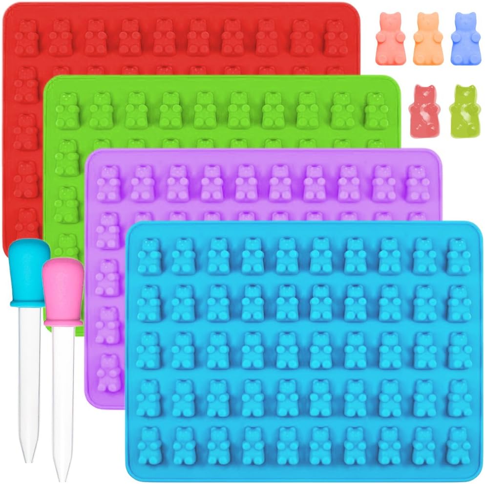 JEZOMONY Silicone Gummy Bear Molds & Ice Cube Trays, 50-Cavity Silicone Candy Moulds 2 Droppers Perfect for Chocolates Fudge Ice Cubes, Jelly, Gumdrop Soap Molds,4PCS (Blue, Green, Red,Purple)