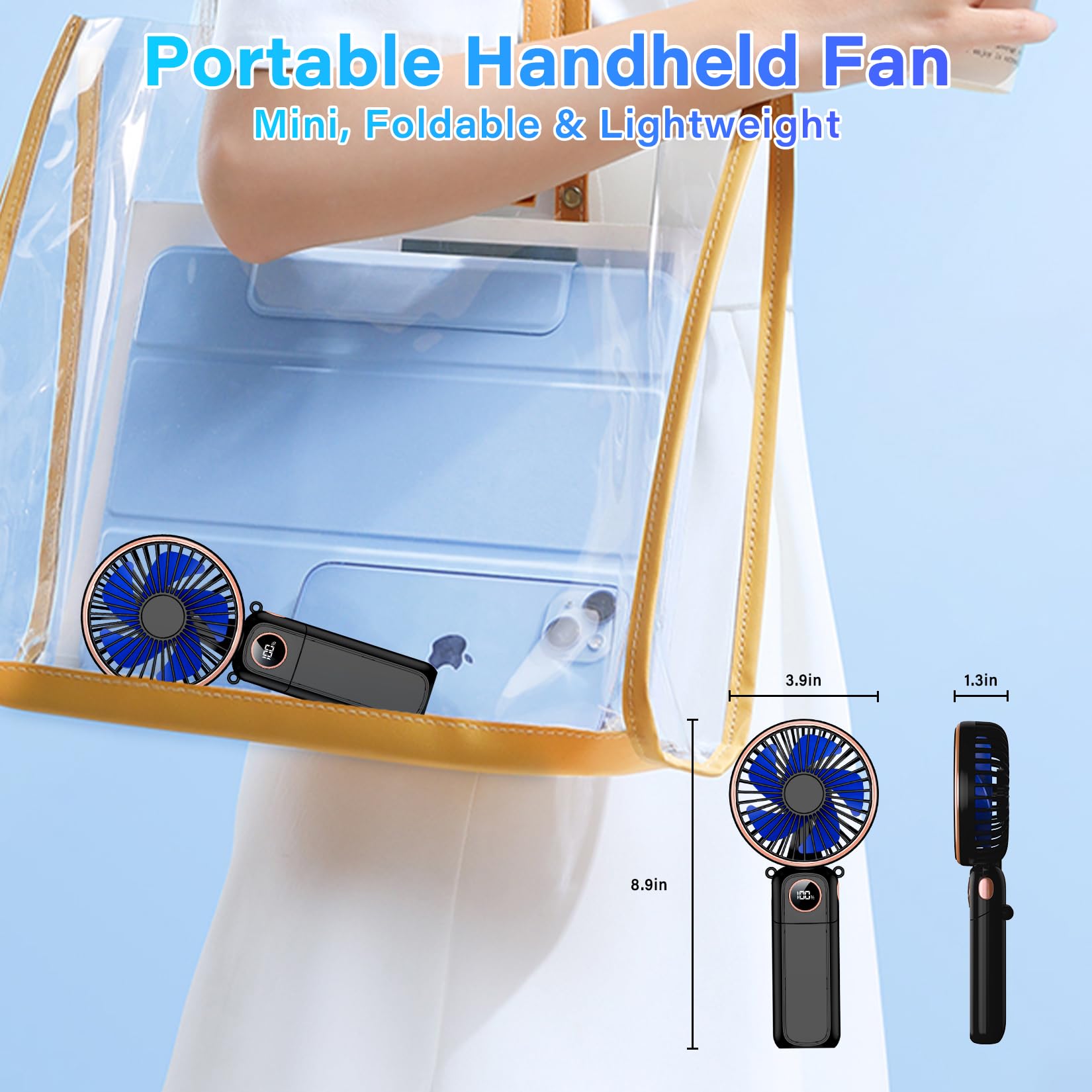 Portable Handheld Fan 5200mAh, USB Rechargeable Foldable Electric Personal Small Mini Hand Held Fan, 22Hrs Runtime, 6 Speeds, LED Display, Battery Powered, Gift for Men, Women, Travel, Outdoor, Makeup