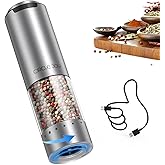 CIRCLE JOY Electric Pepper Grinder Stainless Steel Rechargeable Pepper Mill with External Adjustable Coarseness, 95ml Contain