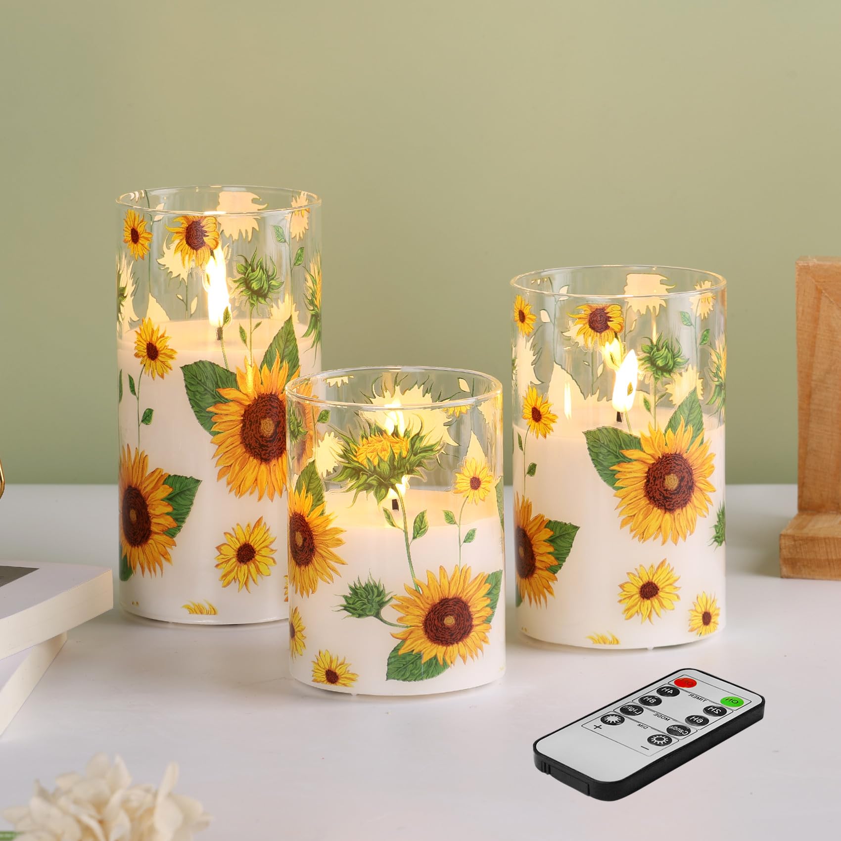 Eywamage Sunflower Flameless Candles with Remote, Glass Flickering LED Pillar Candles Spring Decor Set of 3