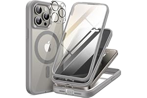 TIESZEN Magnetic for iPhone 15 Pro Max Case, [Dustproof Design] Compatible with MagSafe, Built-in 9H Tempered Glass Screen Protector & Privacy Screen Protector +2X Camera Lens Protectors, Light Gray
