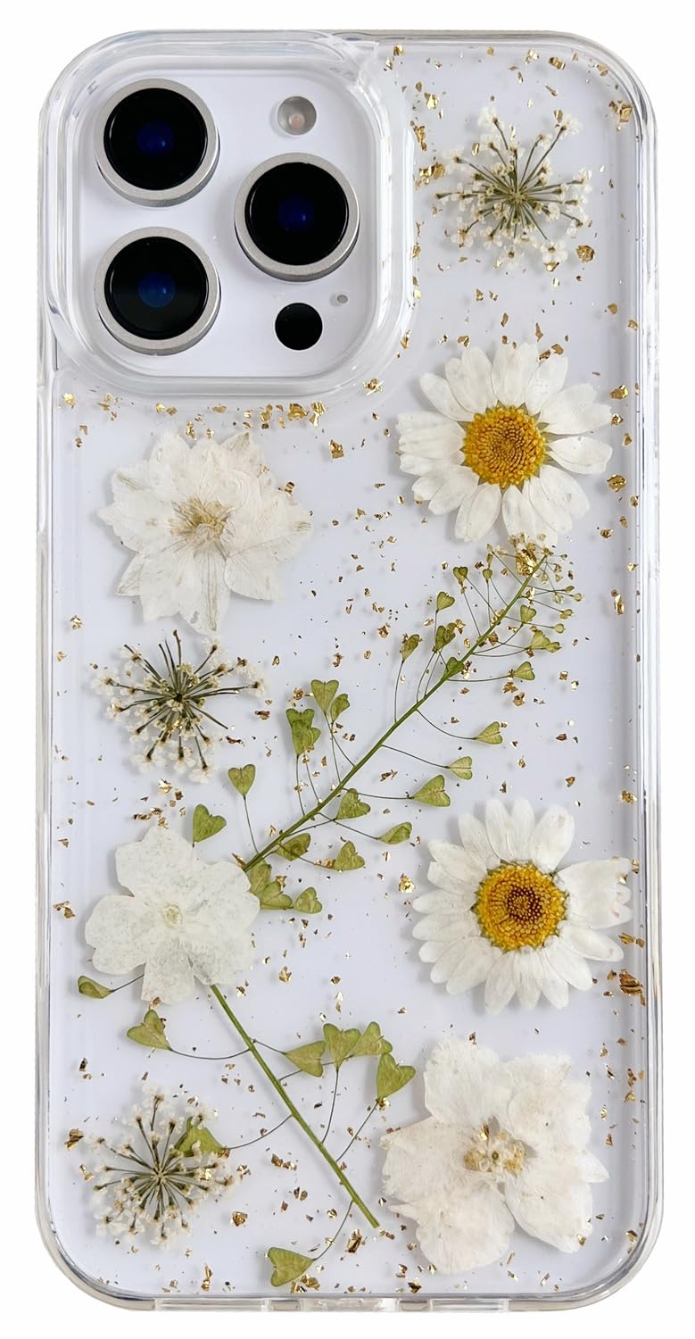 AMART for iPhone 15 Pro Case Flowers, Clear with Pressed Dried Flower Cute Glitter Design Women Girls Floral Aesthetic Soft TPU Phone Cover for iPhone 15 Pro (6.1 inch)