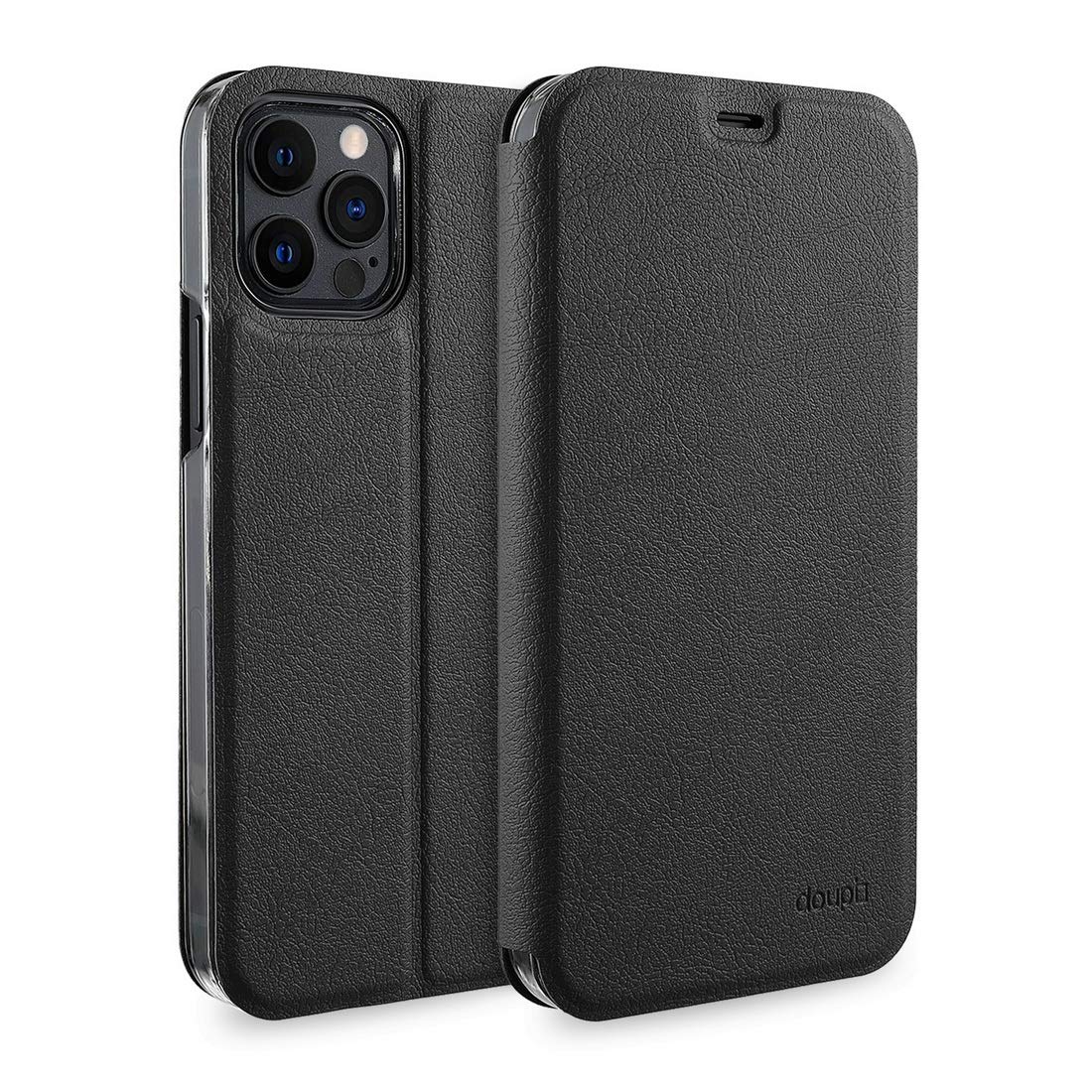 doupi FlipCase for iPhone 12 / iPhone 12 Pro (6.1 inch) - Deluxe Leatherette Magnet Book Style Screen Protector Stand Protective Flip Cover, black