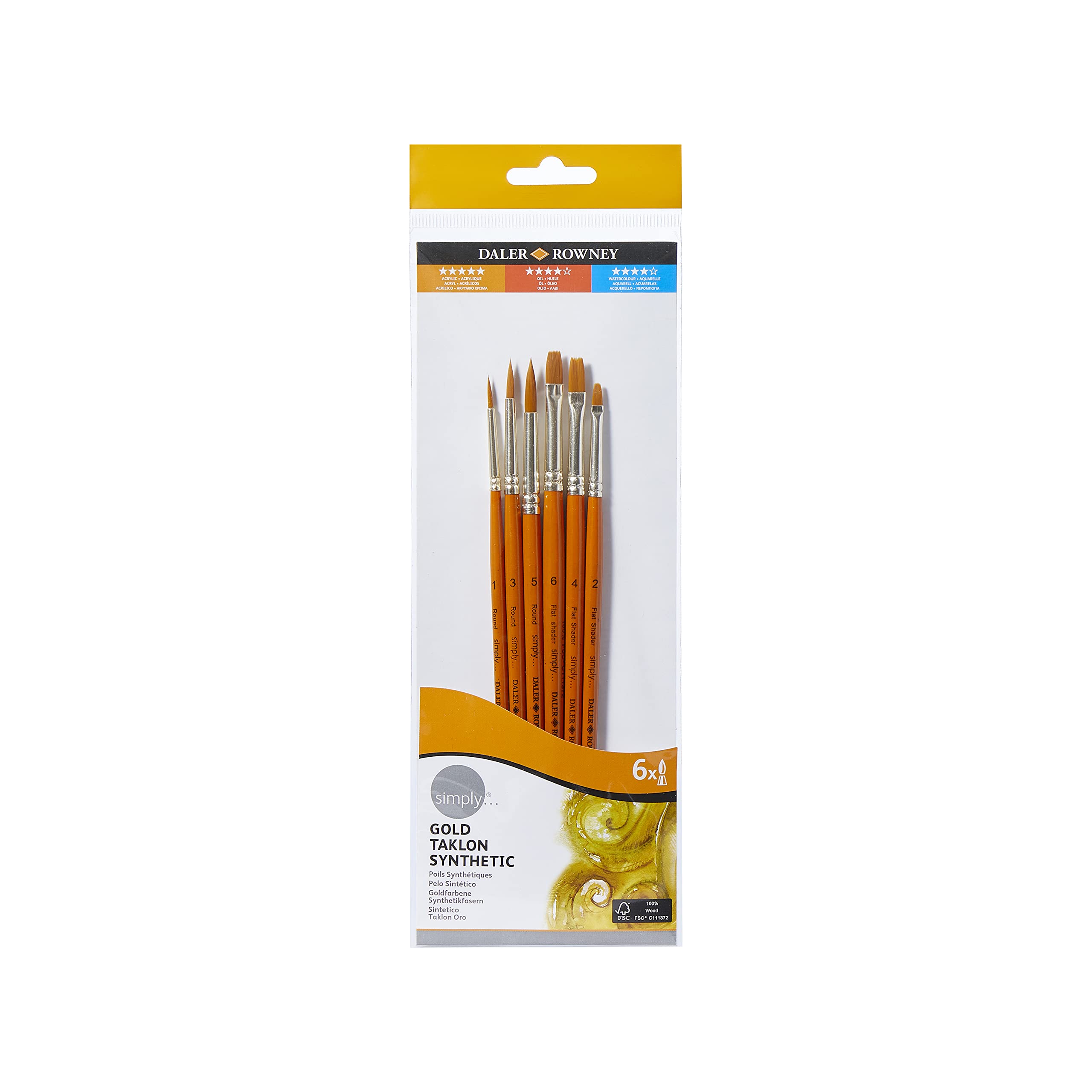 Daler-Rowney Simply Gold Taklon Synthetic Hair Acrylic Brush Set with Short Handles, 6 Assorted Brushes, For Entry-Level Artists & Hobbyists