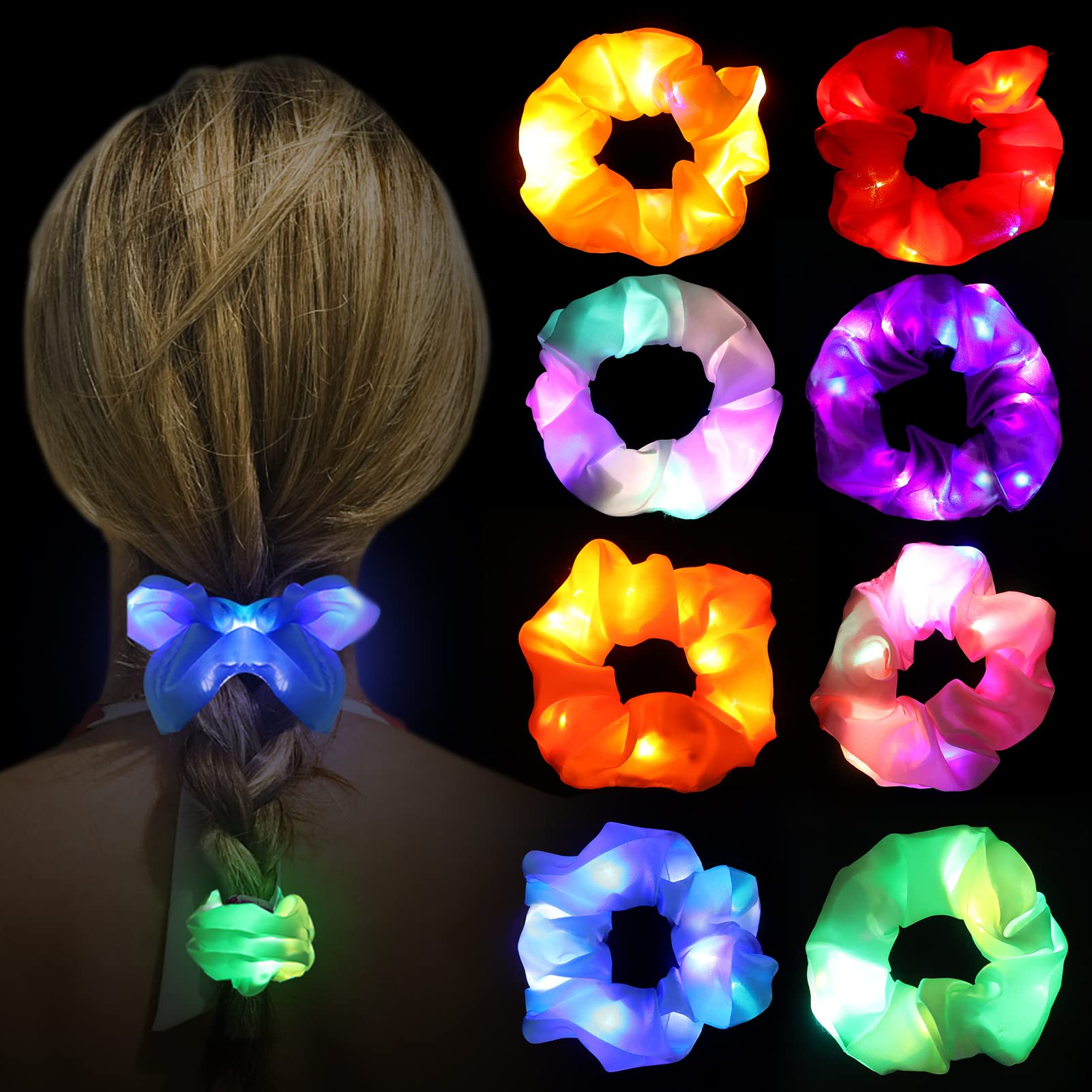 Joycabin 8 Pcs Luminous Hair Scrunchies, Led Hair Bands With 3 Light Modes, Elastic Dark Hair Scrunchie For Women, Girls Hair Accessories, New Year Party, Carnival, Costume Parties