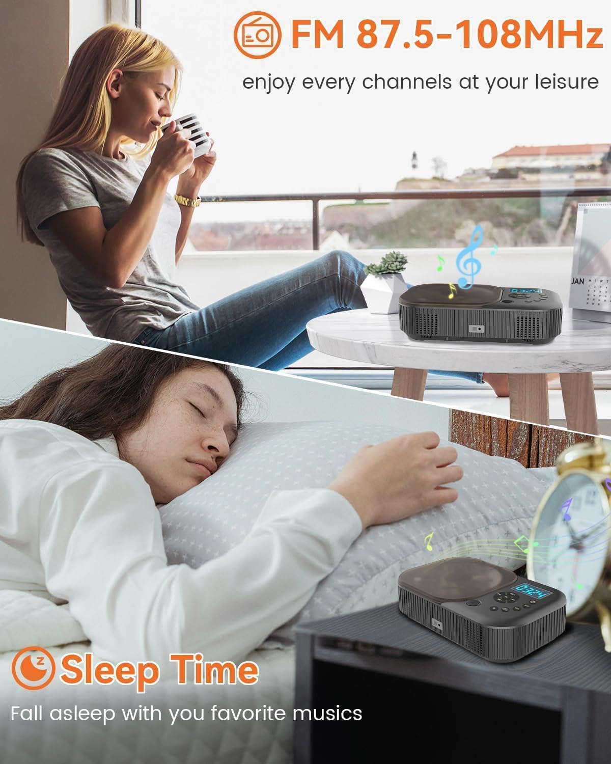 CD Player Portable,MONODEAL Dual Stereo Speakers Portable CD Player with Bluetooth Speakers, 4000mAh Rechargeable Player for Car/Home with Remote Control, Support USB/AUX,Headphone Jack