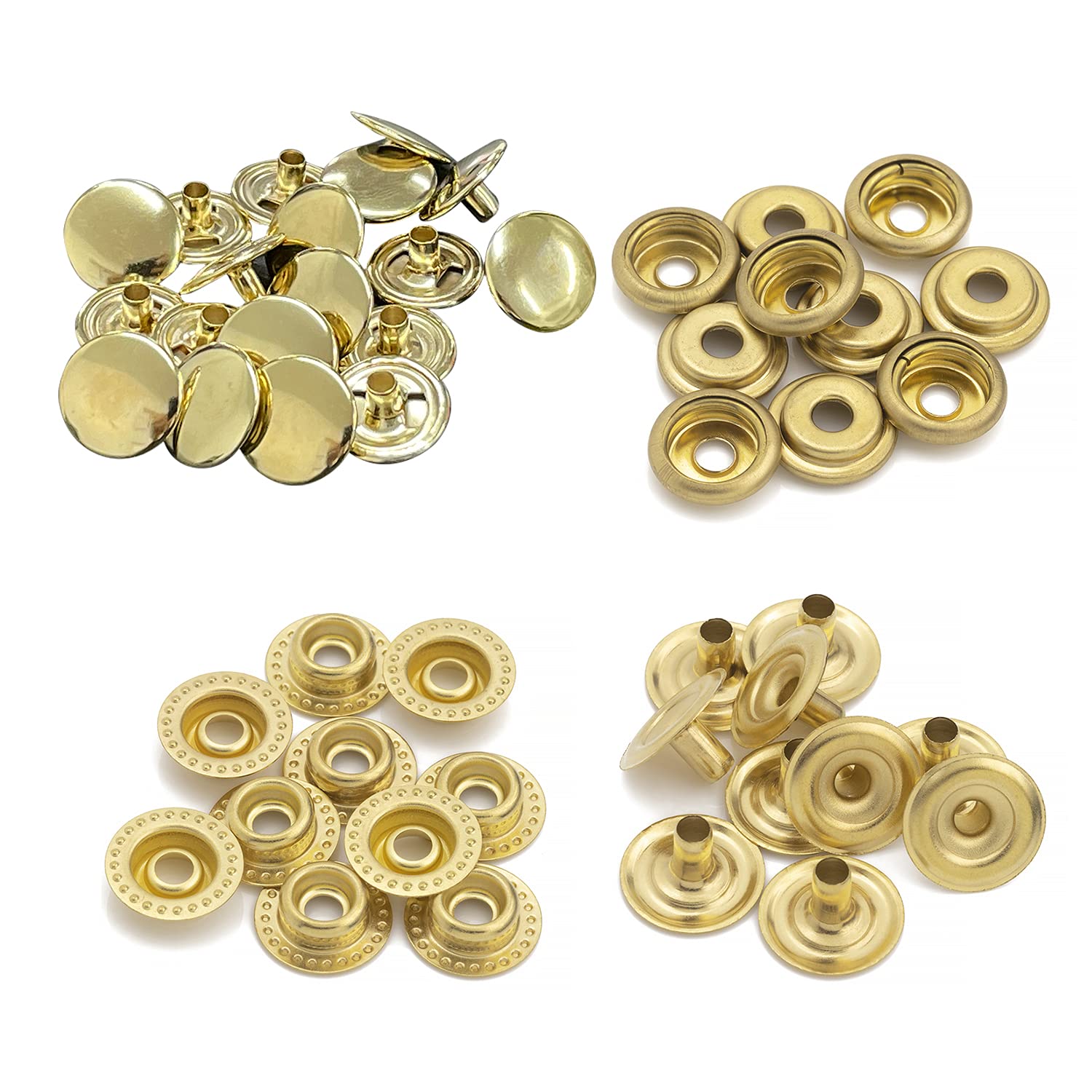 Trimming Shop 15mm Press Studs Snap Fasteners Poppers Heavy Duty No Sew Metal Buttons Four Part Fasteners for Repair Clothing, Leather Jacket, DIY Arts & Craft Projects, Gold, 100pcs