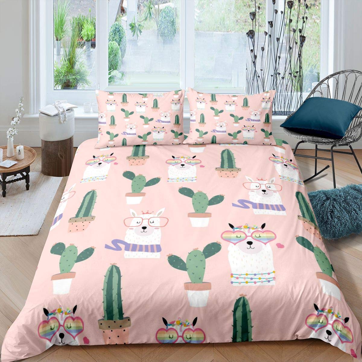 Llama Alpaca Duvet Cover Cactus Bedding Set Kids Cute Llama Comforter Cover for Boys Girls Pink Summer Holiday Vacation Bedspread Cover Single Size