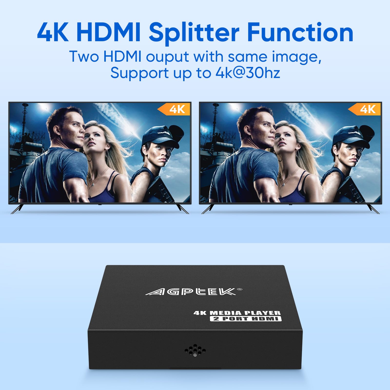 4K@30Hz Media Player with Dual HDMI, AV/VGA Output, 4K HDMI Splitter, Digital MP4 Player for 14TB HDD/512G USB/256G SD Card/H.265 MP4, Remote Control for MP3 AVI