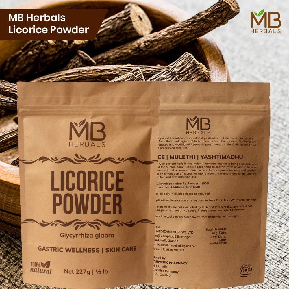 MB Herbals Licorice Root Powder 227g | Half Pound | 100% Pure Glycyrrhiza glabra | Mulethi | Yashtimadhu | Respiratory Health | Sore Throat | Natural Skin Brightener (When Used in a Face Pack): Health & Personal Care