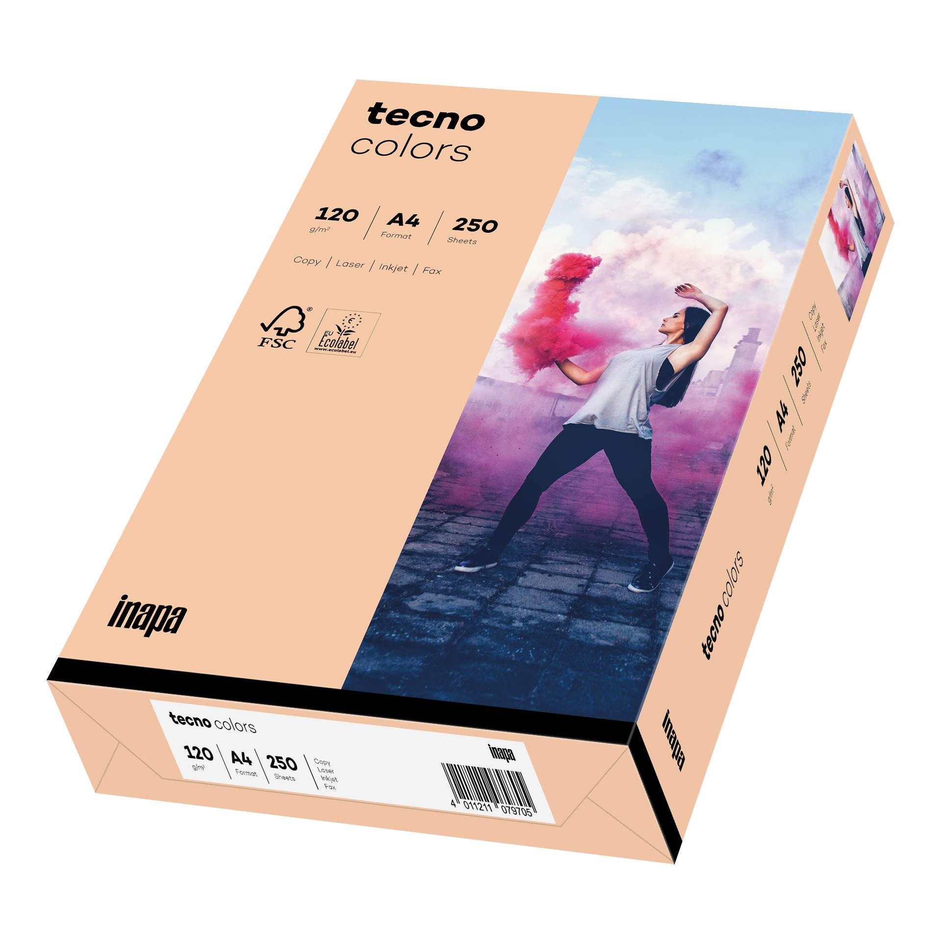 inapa Coloured Printer Paper, Tecno Colours: 120 g/m², A4, 250 Sheets, Salmon