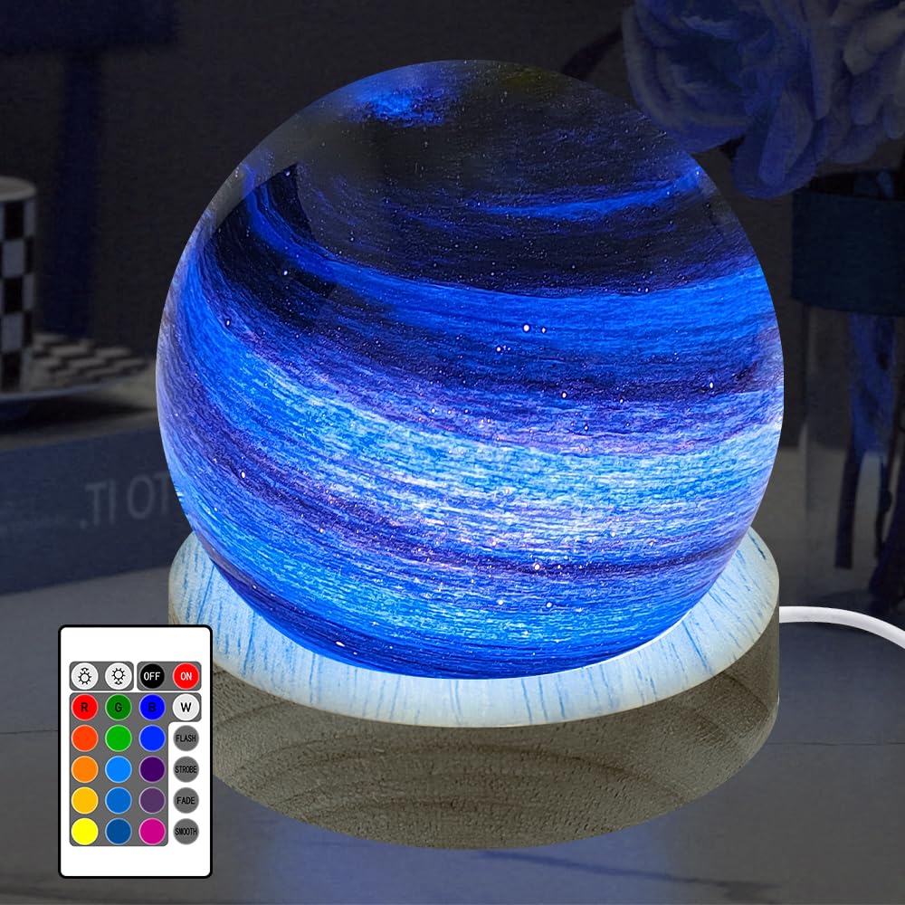 HONPHIER Mood Lights LED Lamp Table Lamps 3D Planet Glass Ball Night Lights with Remote Control 16 RGB Colors Astronomy Galaxy Lamp Dimmable Wooden Base Bedside Lamp, Home Decor, 8 CM (C)