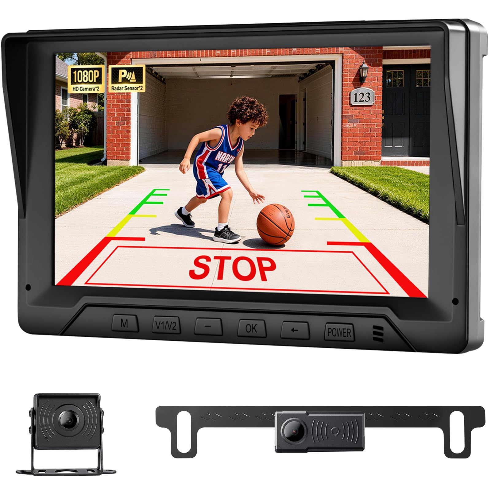 1080P Backup Camera with Backup Sensors Parking Distance Control (PDC) System+Right Side Blind Spot Radar Sensor, Back up Camera with 7'' Monitor for Cars/Truck/RV/Trailer (Back+Right Camera)