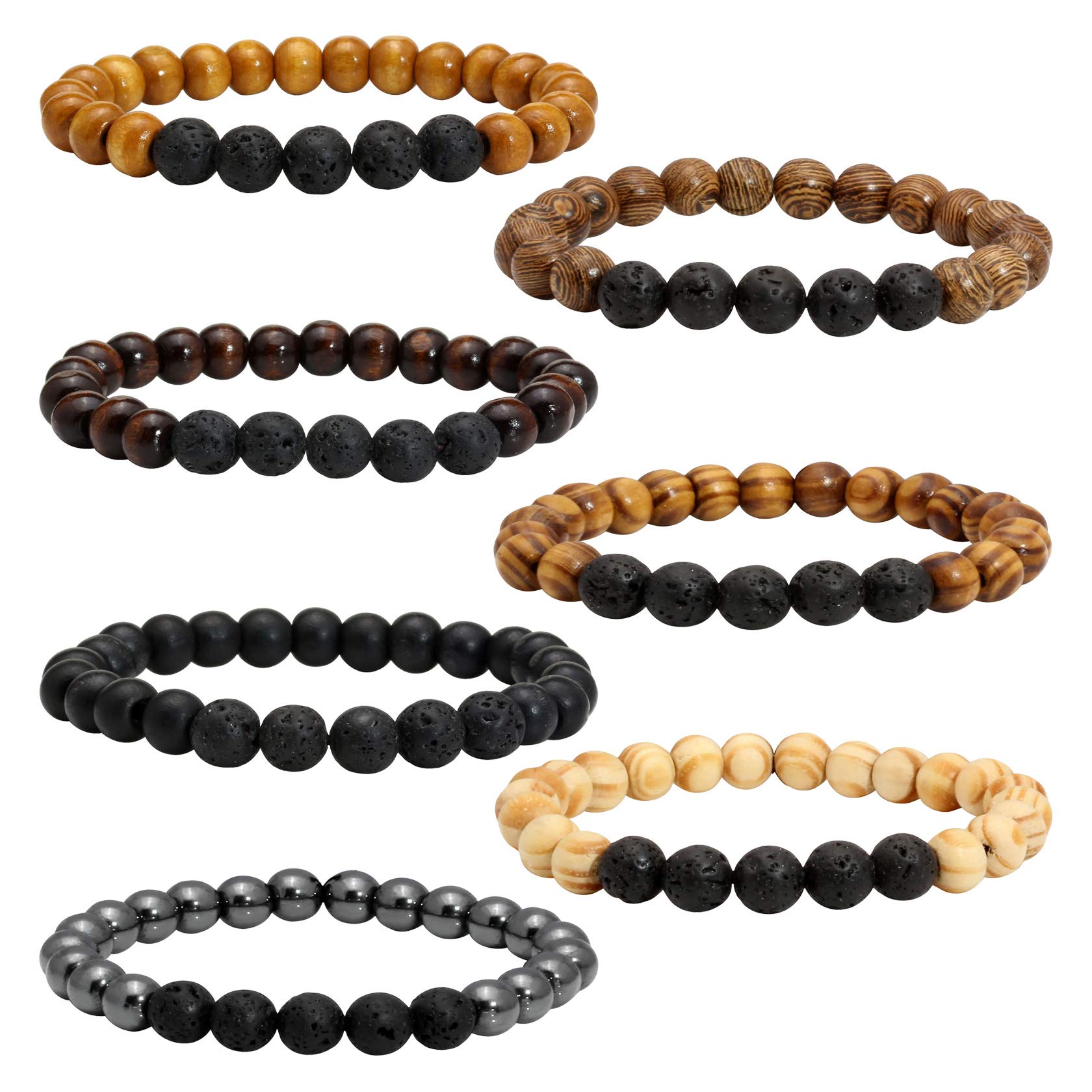 MILAKOO 7Pcs Lava Rock Stone Beads Essential Oil Diffuser Bracelet for Men Women Wood Beads Bracelet