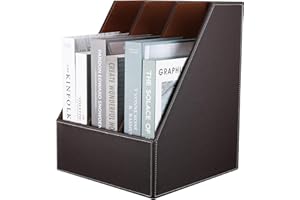 KINGFOM Desktop Wooden Leatherette Magazine File Holder-Organizer-3 Compartment Stand Rack-Papers Storage Box (brown)