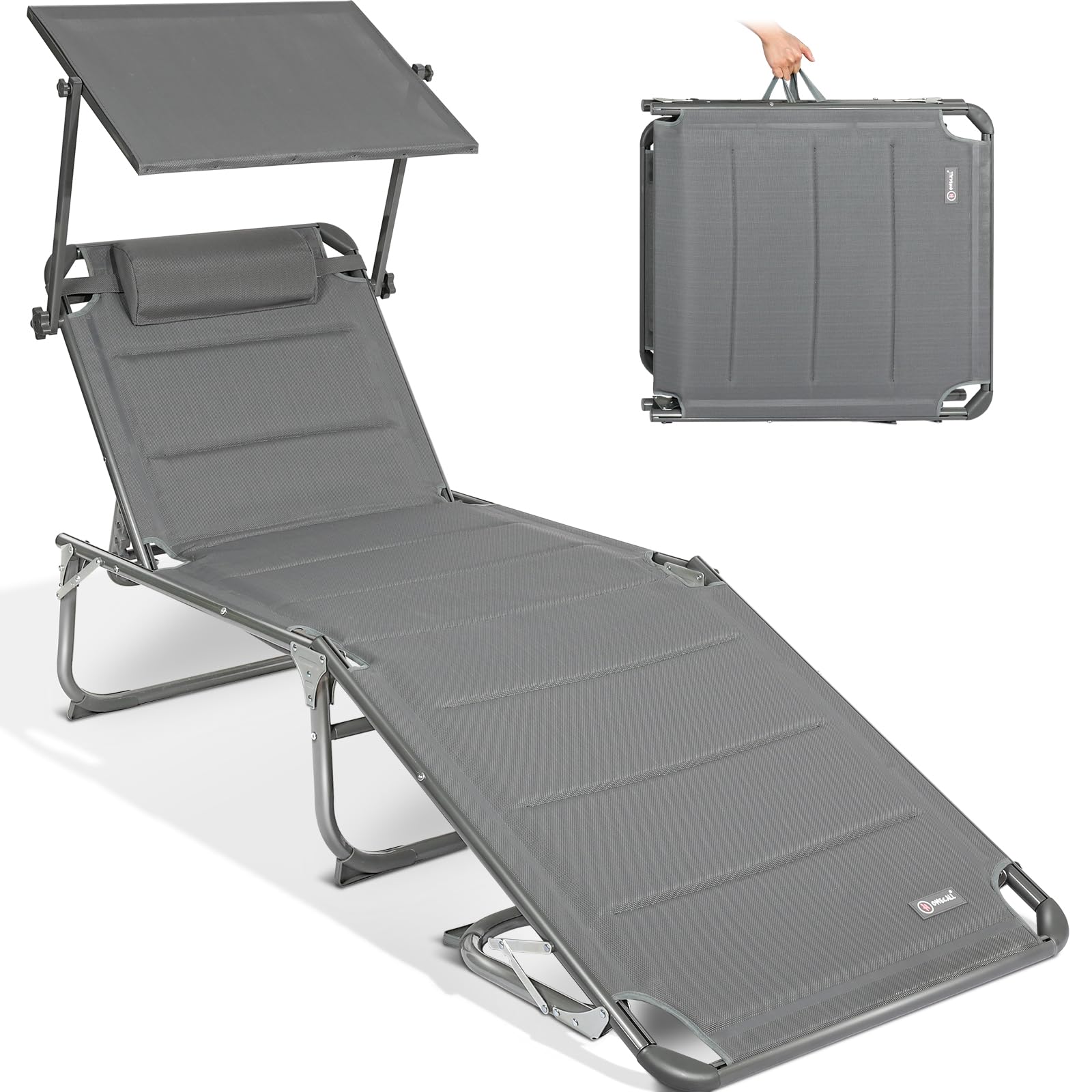 Homecall 30039 XXL Aluminium Sun Lounger with Sun Roof Three-Legged Beach bed 200x70 cm Maximum Load 150 kg, Grey textilene, Quick Dry Foam