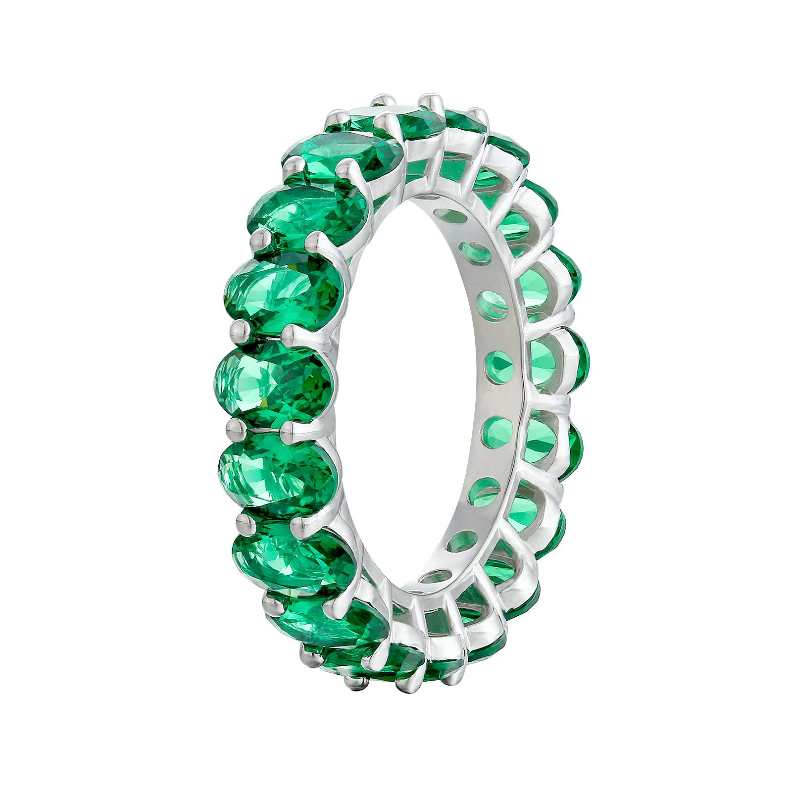 KRKC&CO White Gold Ice Out Tennis Rings, Single-Row CZ Rings, Prong-Setting 5A CZ Stone Rings, Solid No Tarnish Urban Street-wear Hip Hop Rings Size 6 7 8 (Emerald, 7)