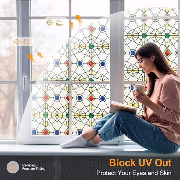 3D STAINED GLASS WINDOW FILM, DECORATIVE WINDOW PRIVACY FILM FOR BATHROOM,FRONT DOOR,HOME, SUN BLOCKING HEAT CONTROL,STATIC CLING,JEWELS, 23.6INCH X 35.4INCH