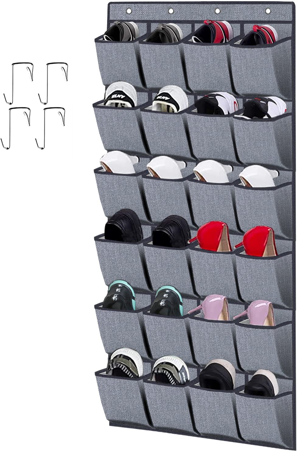 homyfort 24 Large Printing Pockets, Heavy Duty Hanging Over the Door Shoe Storage, Shoe Racks Hanging Organiser Foldable Wardrobes Storage Bag with Premium Hooks, 156x56 cm, Linen-like Grey, X3G12GP2