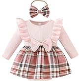 Magic Park 0-24M Baby Toddler Girls Ruffle Long Sleeve Bodysuit Ribbed Plaid Romper Dress Fall Winter Outfit with Headband