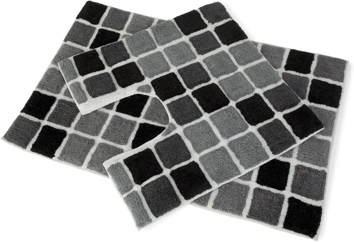 Square Blocks 100% Cotton 2 Piece Bath Mat Set, Black/White/Grey