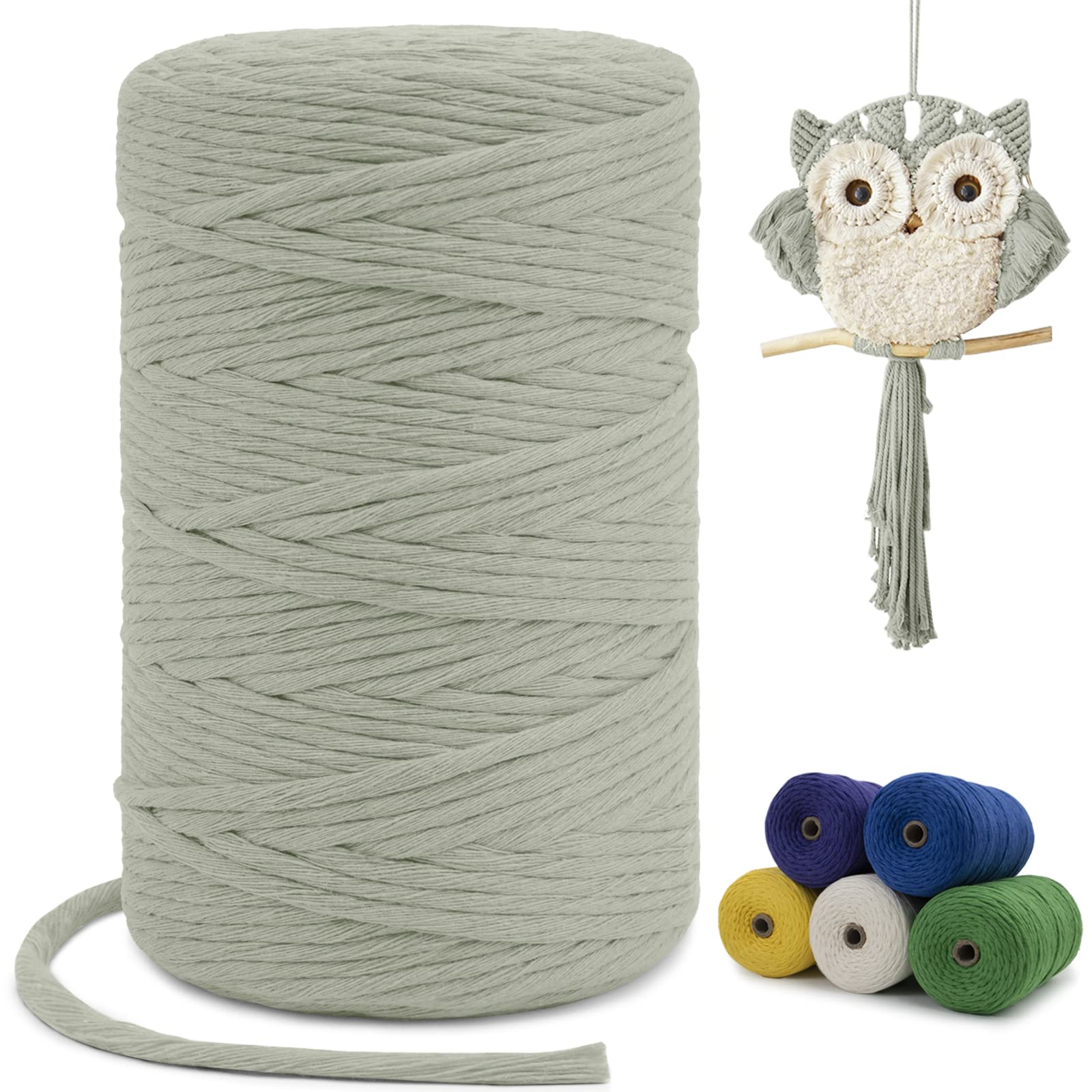 LEREATI Macrame Cord 3mm x 200m, Single Strand Thick Macrame Rope Yarn Natural Cotton Cord, Craft Macrame String for Plant Hanger, Wall Hanging, Knitting, DIY, Home Decorations (Bean Green)