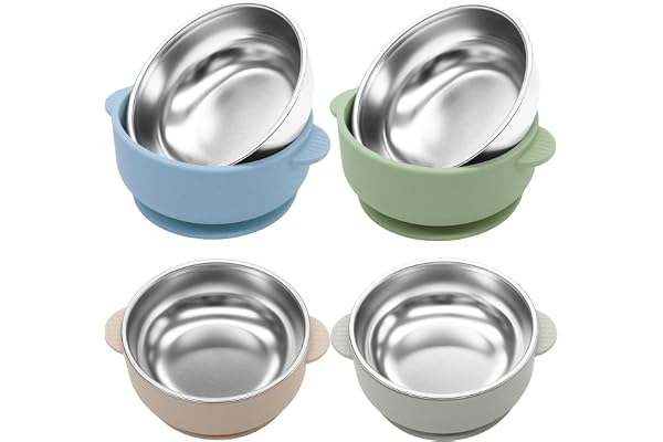 JVEOO 4 Pack Stainless Steel Baby Bowls with Suction 2-in-1 | SUS304 Toddlers Bowl & Removable Silicone Suction Kids Bowl Ant
