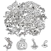 CRAFTYMELODY 80Pcs 4 Styles Halloween Charms Tibetan Style Alloy Witch Hat Charms Antique Silver Skull Pumpkin Witch Hat Dangle Pendants Jewelry Making Findings for DIY Bracelet Crafts Decoration