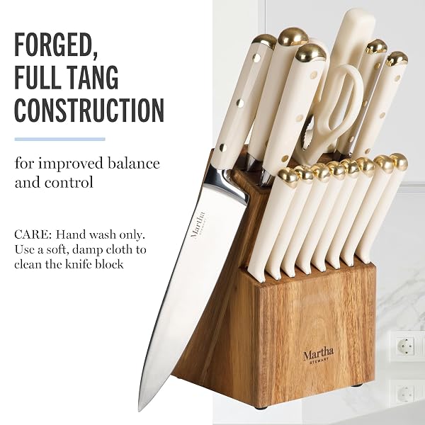 MARTHA STEWART KNIFE BLOCK SET 16-PIECE – LOCKTON HIGH CARBON STAINLESS STEEL FORGED FULL TANG CHEF KNIVES, ACACIA WOOD BLOCK, TRIPLE RIVETED HANDLES, LINEN WHITE & GOLD
