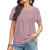 Falechay Womens Tops Summer Boho Blouses Short Sleeve Square Neck Crochet Lace Trim Casual Chiffon Shirts Double Layers