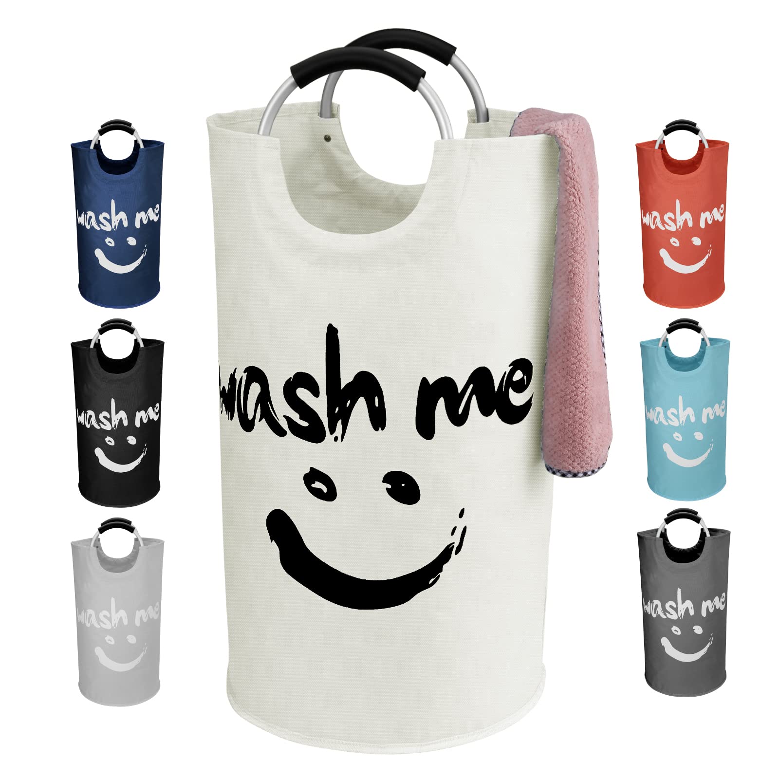 IHOMAGIC Laundry Hamper with Smiley 115L, Foldable Laundry Basket with Alloy Carrying Handle, Oxford Fabric Organiser Bin for Storage Clothes Toys, Portable Basket for Living room, Utility room, Beige