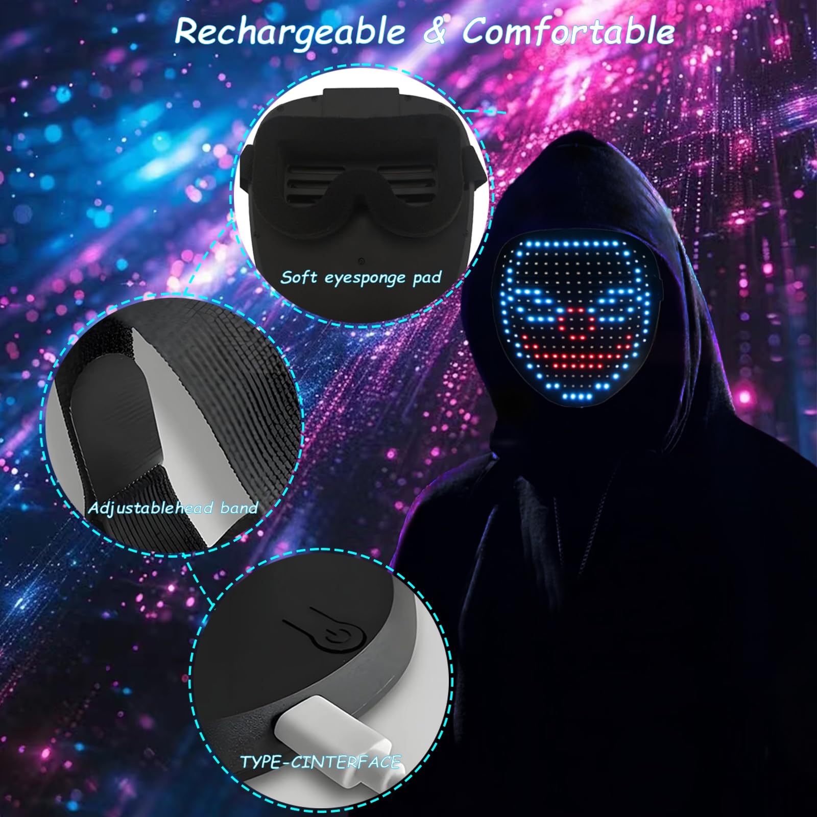 JDBMAOYE LED Mask with Gesture Sensing  |√Rechargeable Battery | Perfect for Cosplay, Masquerade - The coolest gift