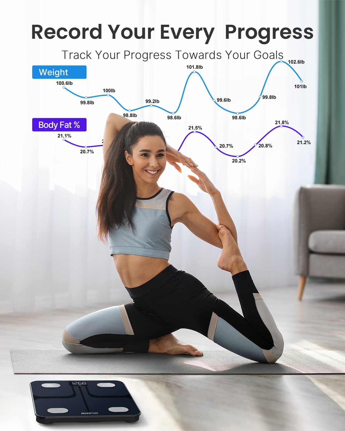 RENPHO Wi-Fi Bluetooth Scale Smart Digital Bathroom Weight BMI Body Fat Scale Tracks 13 Metrics, Wireless Body Composition Analysis & Health Monitor with Lighted LED Display - Elis Aspire