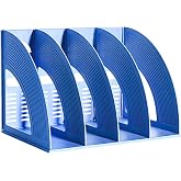 SAYEEC File Holder Storage Folder 4 Compartment Standing Desktop Hollow Organizer Blue Files Shelf Frame Thicken Plastic Paper Notebook Magazine Bookstore for Office School Supplier Students
