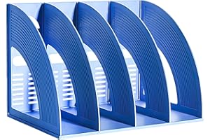 SAYEEC File Holder Storage Folder 4 Compartment Standing Desktop Hollow Organizer Blue Files Shelf Frame Thicken Plastic Paper Notebook Magazine Bookstore for Office School Supplier Students