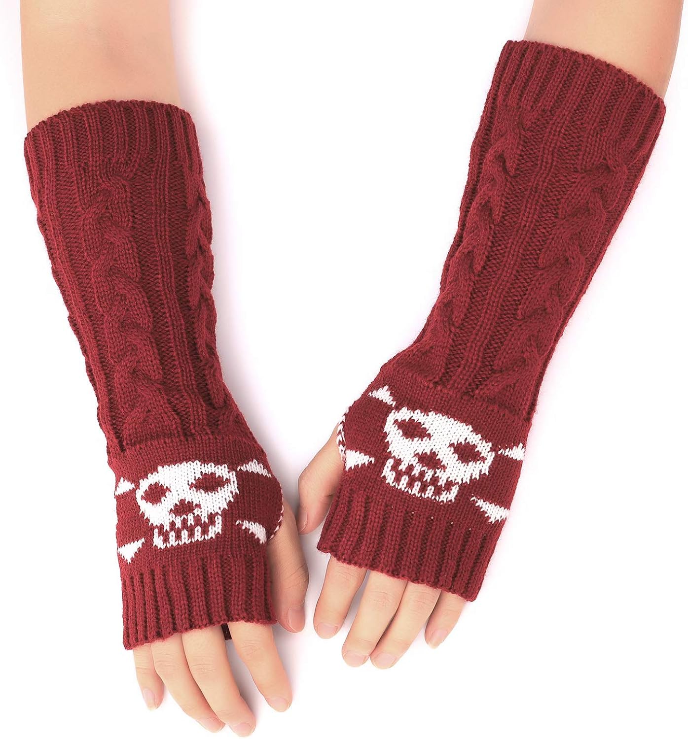 Flammi Women’s Cable Knit Fingerless Gloves Arm Warmers with Crossbones Jacquard Skull Thumbhole Mittens (Dark Grey) at  Women’s Clothing store