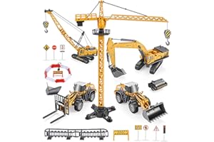 Geyiie Construction Truck Vehicles Toy with Metal Shovel Sand Toys, Large Construction Toys Crane, Interchangeable Excavator Snow Plow Forklift Tractor Toys Gifts
